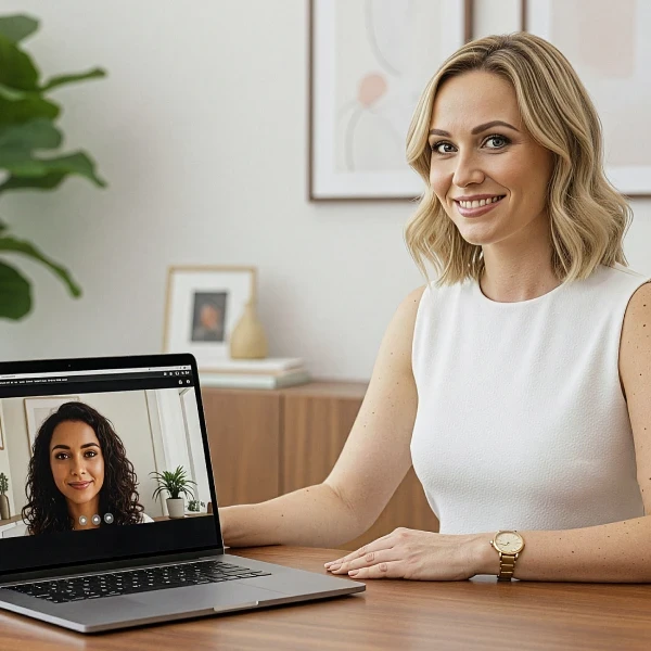 Profissional sorrindo durante videochamada exibida em notebook sobre a mesa.